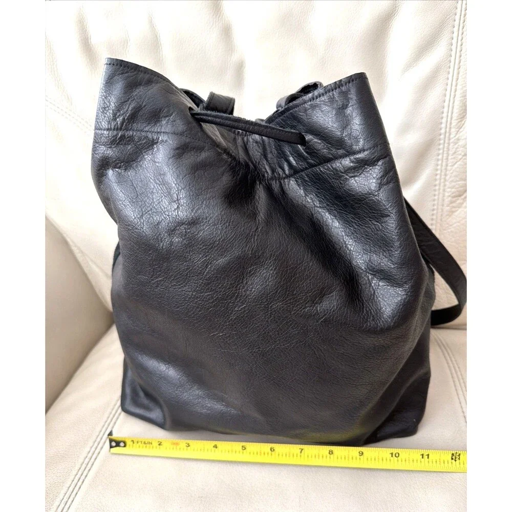 Leather Bucket Bag Handcrafted in USA Black The Podolls Drawstring Hobo Western
